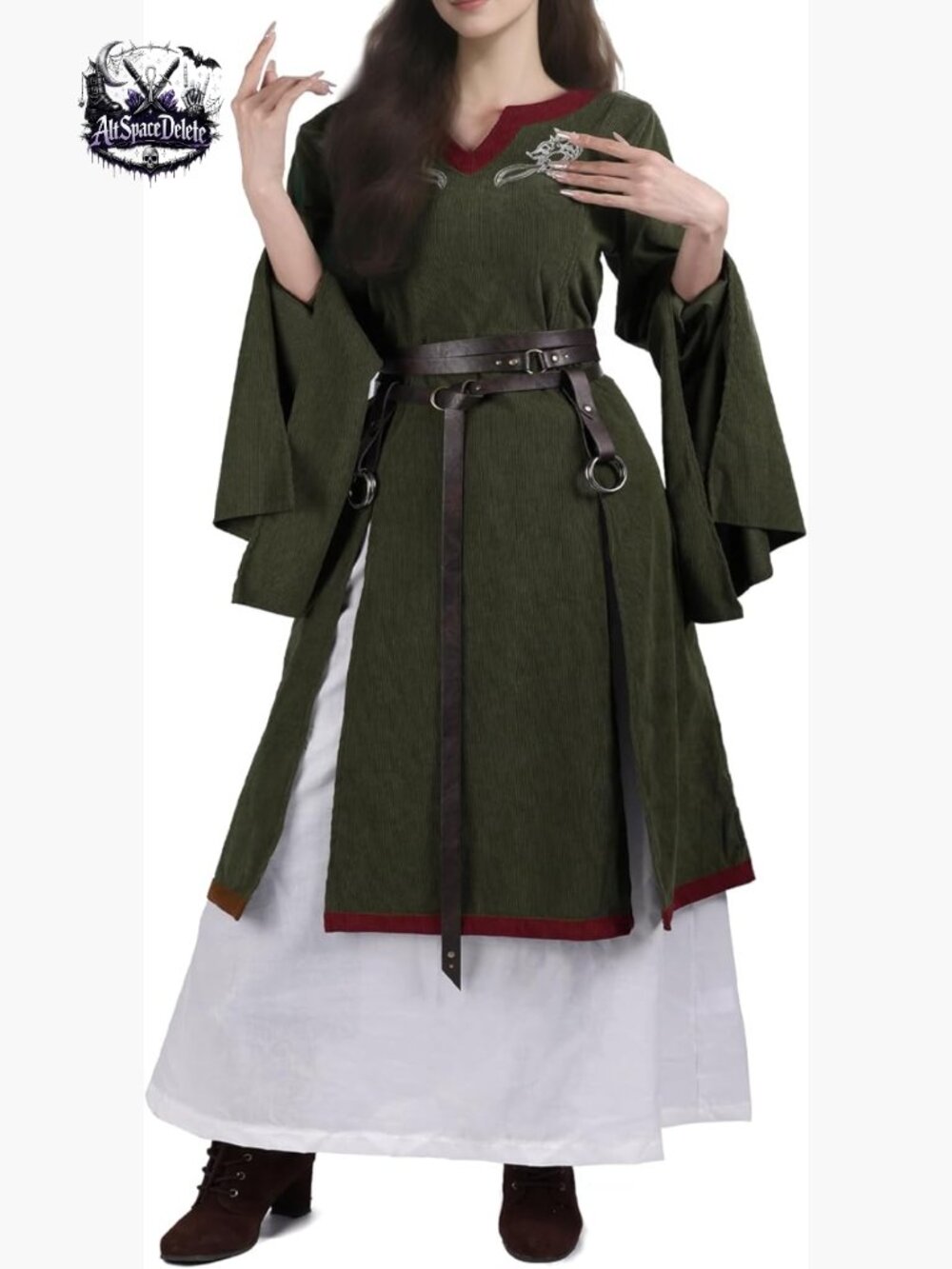 Medieval Renaissance Dress with Belt, Corduroy, Bell Sleeves, Cosplay Costume